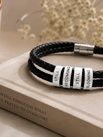 Still Becoming, Still Bloomingβ’ Engraved Leather Bracelet