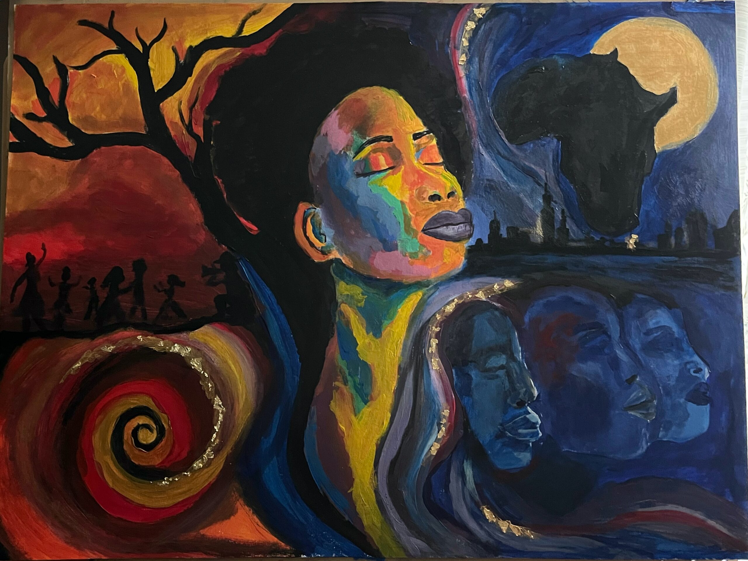 Expressive portrait of a woman in profile painted with vibrant blues, oranges, purples, and gold against a dark background.