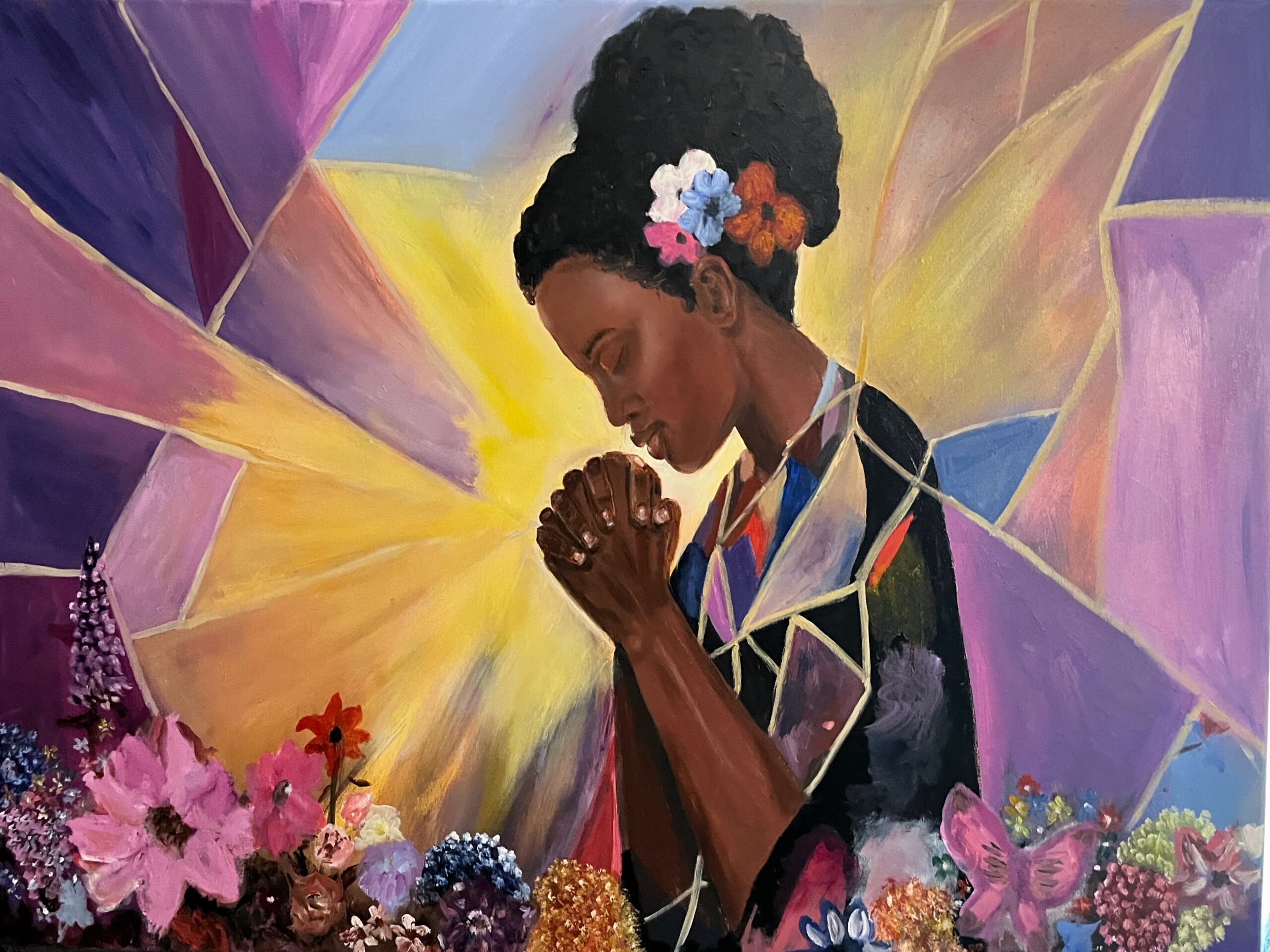 Colorful portrait of a woman in prayer surrounded by radiant beams of gold, purple, and pink light.