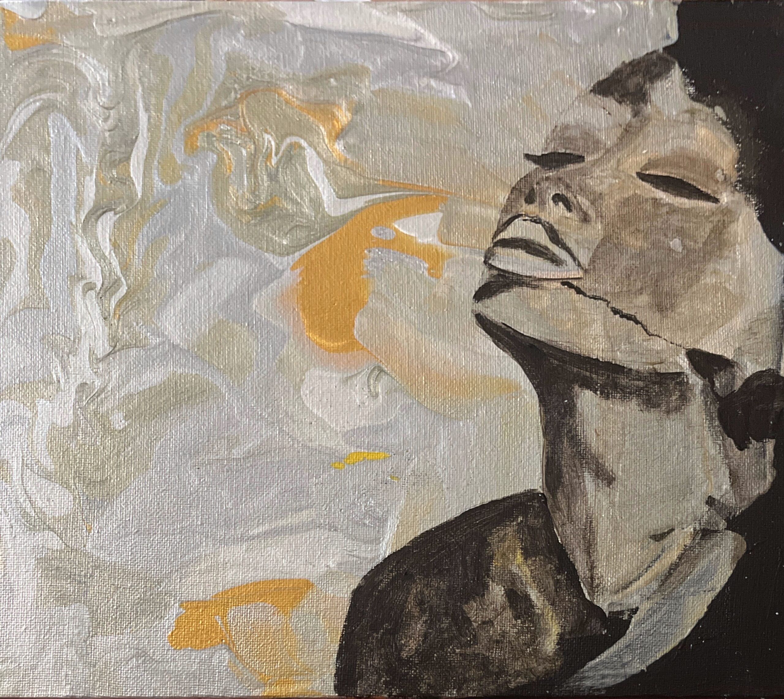 Minimalist portrait of a woman with her face lifted upward against a soft abstract background of white and gold.