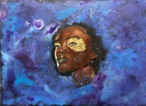 Portrait of a woman gazing upward against a blue and purple textured background.